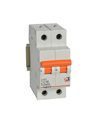 Interruptor magnetotérmico RX³ 2P (doble polo, borne del neutro a la izquierda) 16 A curva C 6 kA Legrand