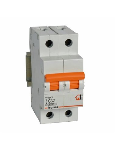 Interruptor magnetotérmico RX³ Legrand 2P (doble polo, neutro a la izquierda) 32 A curva C 6 kA