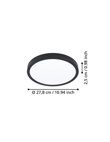 Downlight preto de superfície LED Ø280mm FUEVA 6, 14,2W 1800Lm CCT (2700K-4000K-6500K), IP20