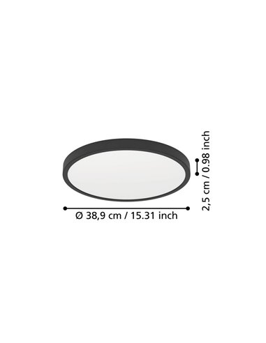 Plafón de techo LED redondo Ø390mm negro FUEVA 6, 17W 2900Lm CCT (2700K-4000K-6500K), IP20