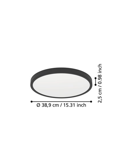 Plafonnier LED rond Ø390mm noir FUEVA 6, 17W 2900Lm CCT (2700K-4000K-6500K), IP20