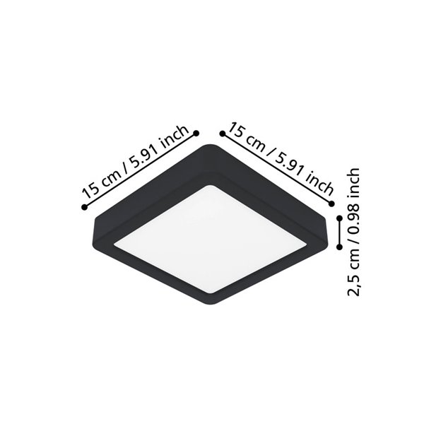 Downlight de superficie LED cuadrado 150×150mm negro FUEVA 6, CCT (2700K-4000K-6500K), 6,3W 720Lm, IP20