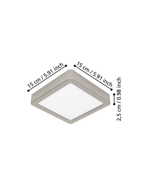 Plafón LED de techo cuadrado de superficie FUEVA 6 níquel 150×150mm, 6,3W 720Lm, CCT (2700K-4000K-6500K), IP20