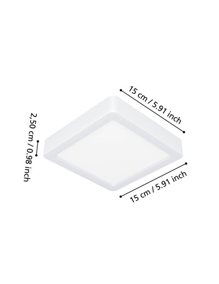 Plafón LED de superficie cuadrado para baño blanco FUEVA 6, 150×150mm, CCT (2700K-4000K-6500K), 6,3W 720Lm, IP44