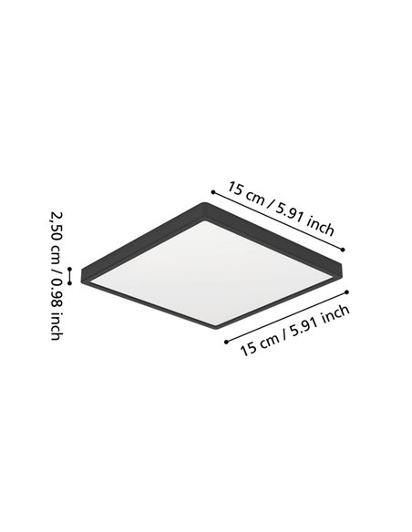 Downlight de superficie LED cuadrado baño negro FUEVA 6, 150×150mm, 6,3W 720Lm, CCT (2700K-4000K-6500K), IP44