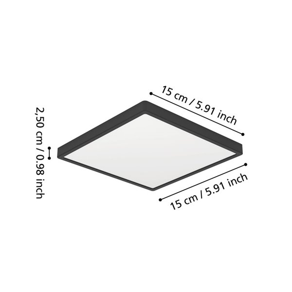 Downlight de superficie LED cuadrado baño negro FUEVA 6, 150×150mm, 6,3W 720Lm, CCT (2700K-4000K-6500K), IP44