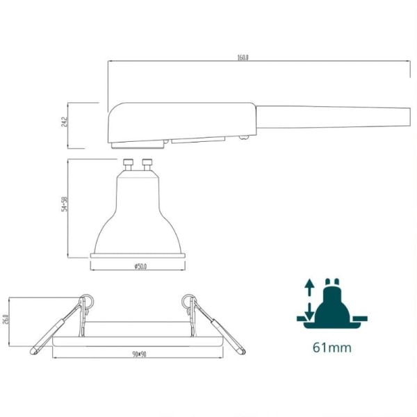 Aro empotrable cuadrado PERIDOT niquel 30º GU10 8720169392700 medidas| LeonLeds