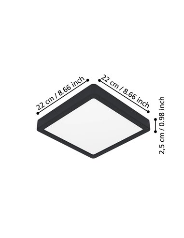 Downlight LED de superficie cuadrado negro FUEVA 6, 220×220mm, 10,5W 1200Lm, CCT (2700K-4000K-6500K), IP20