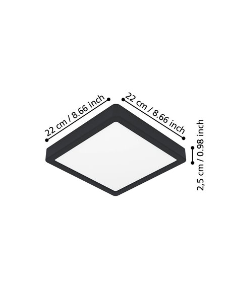 Downlight LED de superfície quadrado preto FUEVA 6, 220×220 mm, 10,5 W 1200 Lm, CCT (2700 K-4000 K-6500 K)