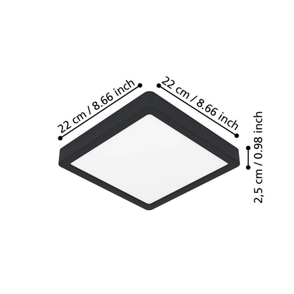 Downlight LED de superfície quadrado preto FUEVA 6, 220×220 mm, 10,5 W 1200 Lm, CCT (2700 K-4000 K-6500 K)