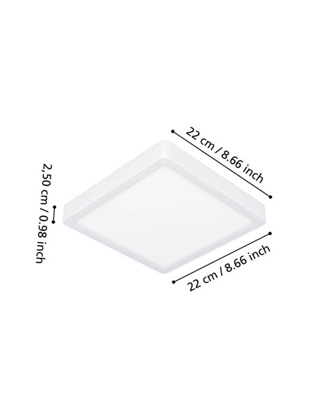 Luminária de teto de banheiro quadrada branca FUEVA 6 LED, 220x220 mm, 10,5 W, 1200 Lm, CCT (2700 K-4000 K-6500 K), IP44
