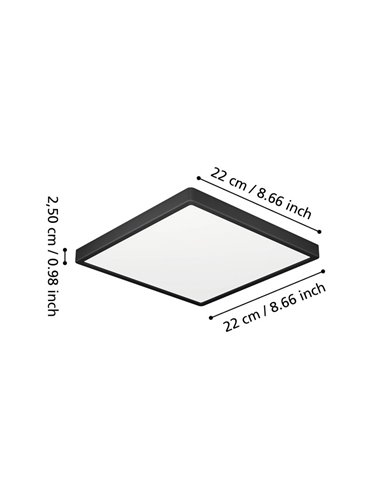 Downlight LED de superficie para baños cuadrado negro FUEVA 6, 220×220mm, 10,5W 1200Lm, CCT (2700K-4000K-6500K), IP44