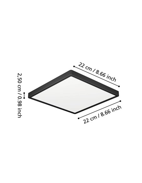 Downlight LED de superficie para baños cuadrado negro FUEVA 6, 220×220mm, 10,5W 1200Lm, CCT (2700K-4000K-6500K), IP44
