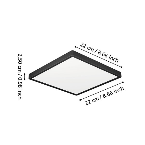 Downlight LED de superficie para baños cuadrado negro FUEVA 6, 220×220mm, 10,5W 1200Lm, CCT (2700K-4000K-6500K), IP44