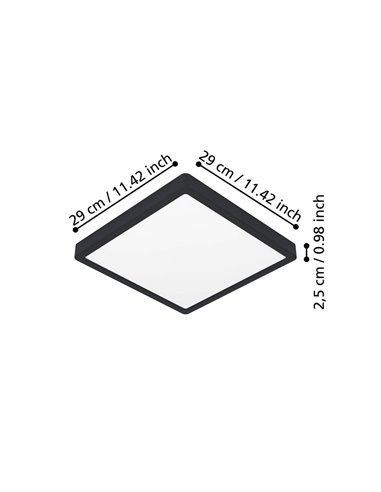 Downlight LED de superficie cuadrado negro FUEVA 6 290×290mm, 14,2W 1800Lm, CCT (2700K-4000K-6500K), IP20