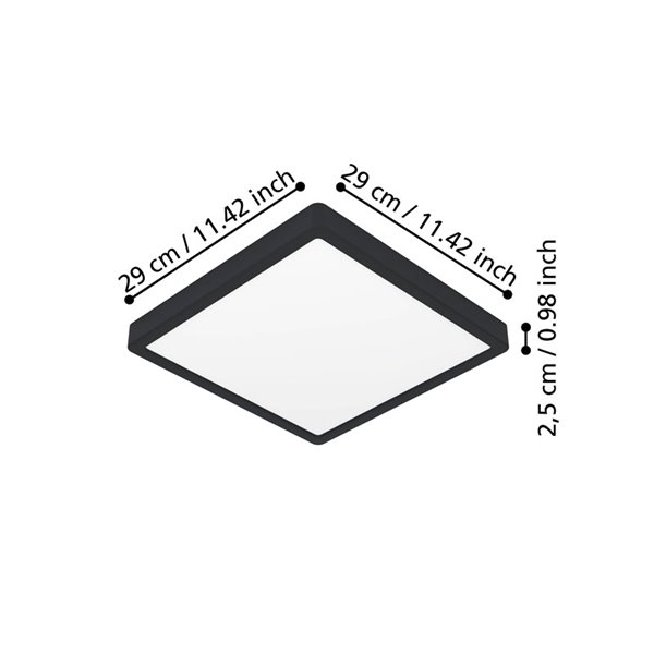 Downlight LED de superficie cuadrado negro FUEVA 6 290×290mm, 14,2W 1800Lm, CCT (2700K-4000K-6500K), IP20