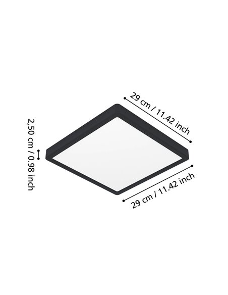 Downlight de superficie LED cuadrado negro FUEVA 6, para baños 290×290mm, 14,2W 1800Lm, CCT (2700K-4000K-6500K), IP44