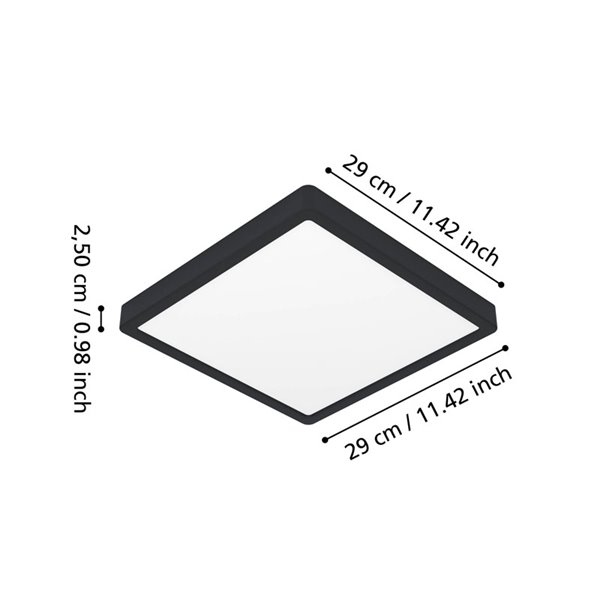 Luminária embutida LED quadrada preta FUEVA 6 para banheiros, 290x290 mm, 14,2 W, 1800 lm, CCT (2700 K-4000 K-6500 K), IP44