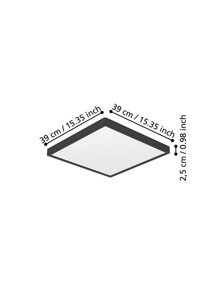 Plafón LED de superficie cuadrado negro FUEVA 6 390×390mm, 17,5W 2800Lm, CCT (2700K-4000K-6500K)