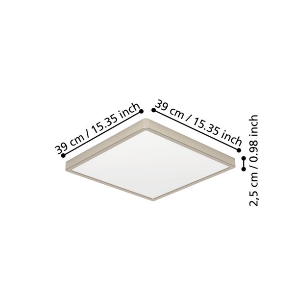 Plafon LED quadrado de superfície níquel mate FUEVA 6 390×390 mm, 17,5 W 2800 Lm, CCT (2700 K-4000 K-6500 K)