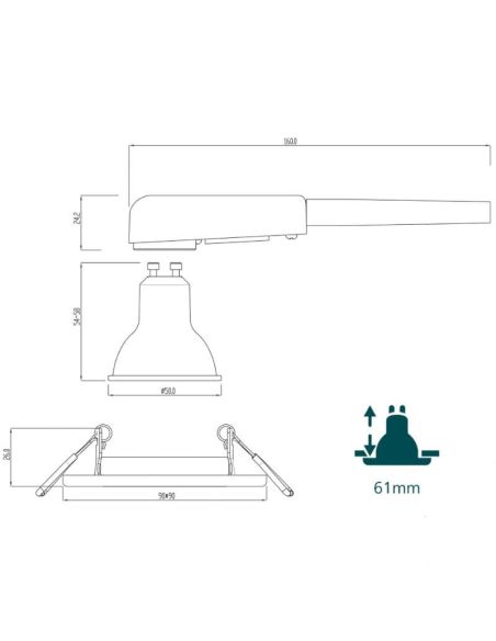 Pack 3 aros empotrables cuadrados PERIDOT níquel 30º GU10 8721103037053 medidas | LeonLeds