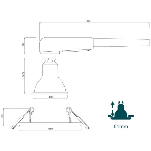 Pack 3 aros empotrables cuadrados PERIDOT níquel 30º GU10 8721103037053 medidas | LeonLeds