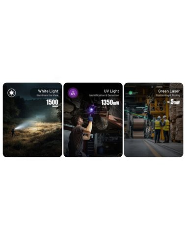 Linterna láser EDC17 ultra compacta 1500 lm, 230m alcance, UV 1350 mW y láser verde IPX7