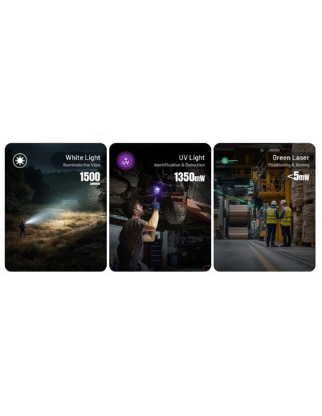 Lampe torche laser ultra-compacte EDC17, 1500 lm, portée de 230 m, laser UV et vert de 1350 mW, étanchéité IPX7