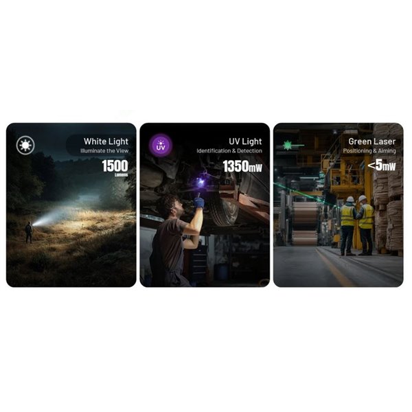 Linterna láser EDC17 ultra compacta 1500 lm, 230m alcance, UV 1350 mW y láser verde IPX7