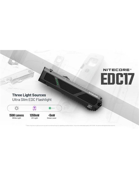 Linterna láser EDC17 ultra compacta 1500 lm, 230m alcance, UV 1350 mW y láser verde IPX7