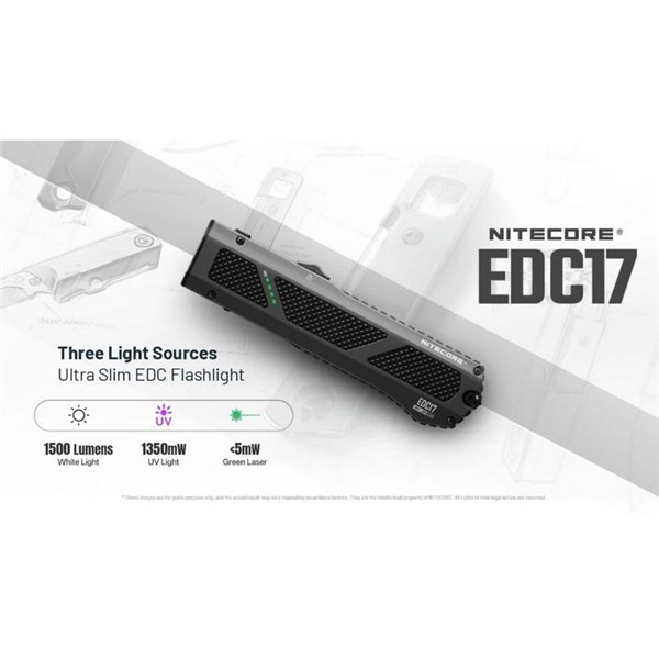 Lanterna a laser ultracompacta EDC17, 1500 lm, alcance de 230 m, laser UV e verde de 1350 mW, IPX7