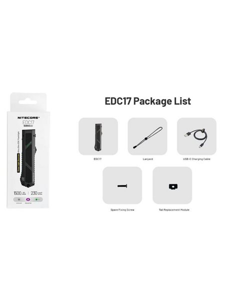 Linterna láser EDC17 ultra compacta 1500 lm, 230m alcance, UV 1350 mW y láser verde IPX7