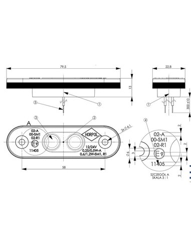 Luz de sinalização LED com almofadas, homologada para 12/24V R1 A SM1, branca, âmbar e vermelha.