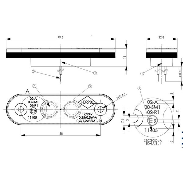 Piloto de gálibo LED con almoadillas, 12/24V homologado R1 A SM1, blanco, ámbar y rojo