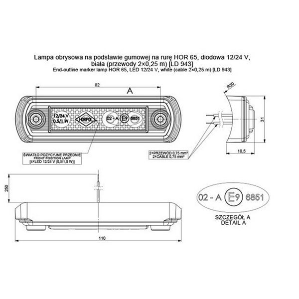 Piloto de gálibo LED 12/24V homologado R1 A SM1, blanco, ámbar y rojo
