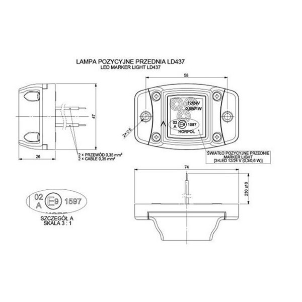 Galibo LED con base de goma y fijación lateral 12/24V homologado R1 A SM1, blanco, ámbar y rojo