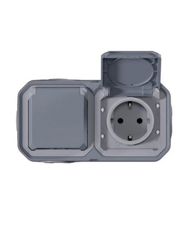 Toma doble de corriente de superficie NEW PLEXO 2x2P+T IP55 gris monobloc (bornas automáticas)