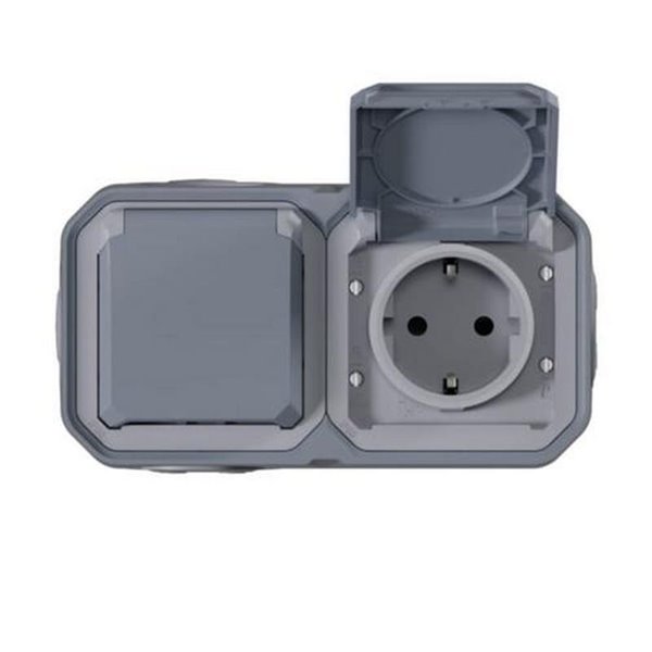 Toma doble de corriente de superficie NEW PLEXO 2x2P+T IP55 gris monobloc (bornas automáticas)