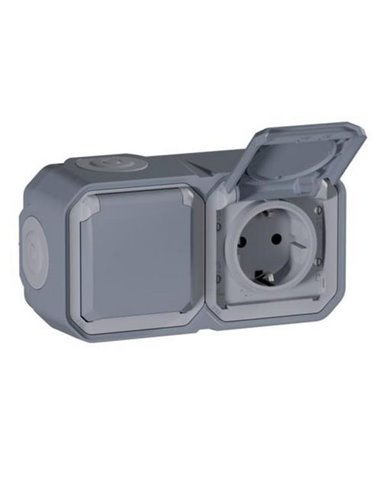 Toma doble de corriente de superficie NEW PLEXO 2x2P+T IP55 gris monobloc (bornas automáticas)