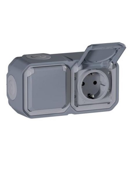 Toma doble de corriente de superficie NEW PLEXO 2x2P+T IP55 gris monobloc (bornas automáticas)