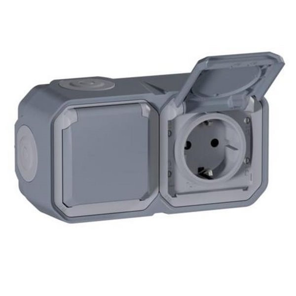 Toma doble de corriente de superficie NEW PLEXO 2x2P+T IP55 gris monobloc (bornas automáticas)