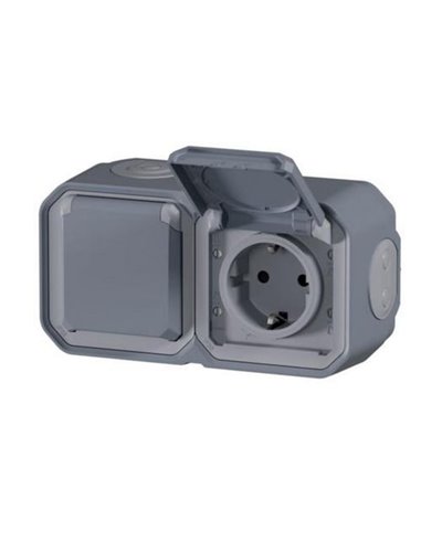 Toma doble de corriente de superficie NEW PLEXO 2x2P+T IP55 gris monobloc (bornas automáticas)