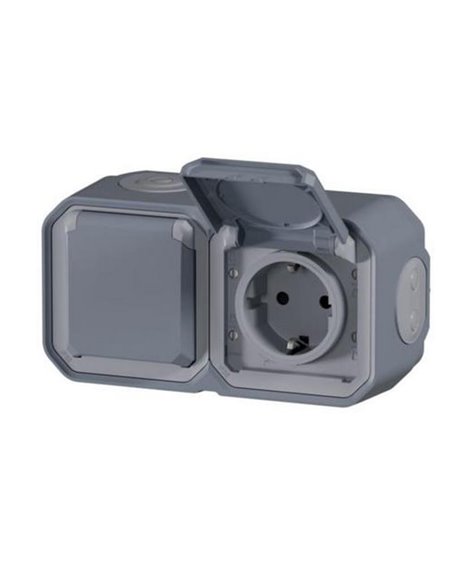 Toma doble de corriente de superficie NEW PLEXO 2x2P+T IP55 gris monobloc (bornas automáticas)