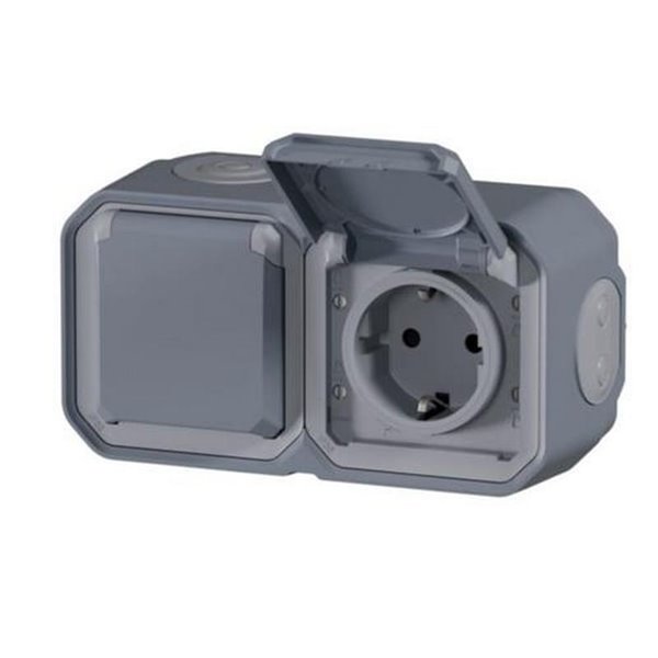 Toma doble de corriente de superficie NEW PLEXO 2x2P+T IP55 gris monobloc (bornas automáticas)