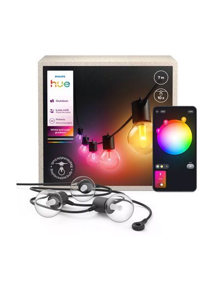 Guirnalda LED exterior FESTAVIA HUE GLOBE STRING 7m, 10 lâmpadas 500Lm, Branco e Colorido com Bluetooth