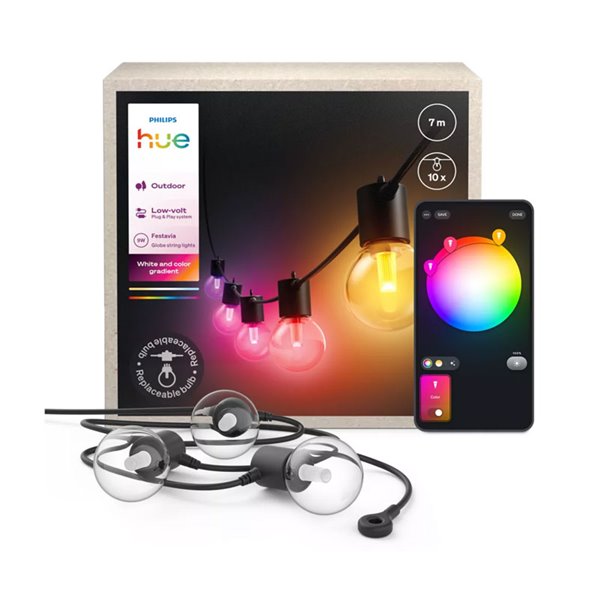 Guirnalda LED exterior FESTAVIA HUE GLOBE STRING 7m, 10 bombillas 500Lm, White & Color con Bluetooth