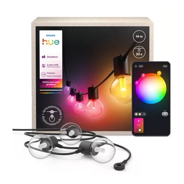 Guirnalda LED exterior FESTAVIA HUE GLOBE STRING 14 m, 20 lâmpadas 1000Lm, Branco e Colorido com Bluetooth