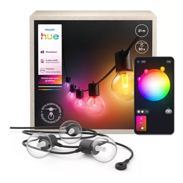 Guirnalda LED exterior FESTAVIA HUE GLOBE STRING 21 m, 30 lâmpadas 1500Lm, Branco e Colorido com Bluetooth