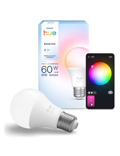 Ampoule LED connectée Philips Hue Essential A60 E27, 8 W (équivalent 60 W), 806 lumens, dimmable, blanc et couleur avec LED LED.