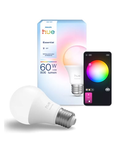Bombilla inteligente LED Philips Hue Essential A60 E27, 8W (equivalente 60W), 806 Lm, regulable intensidad, White & Color con Bl